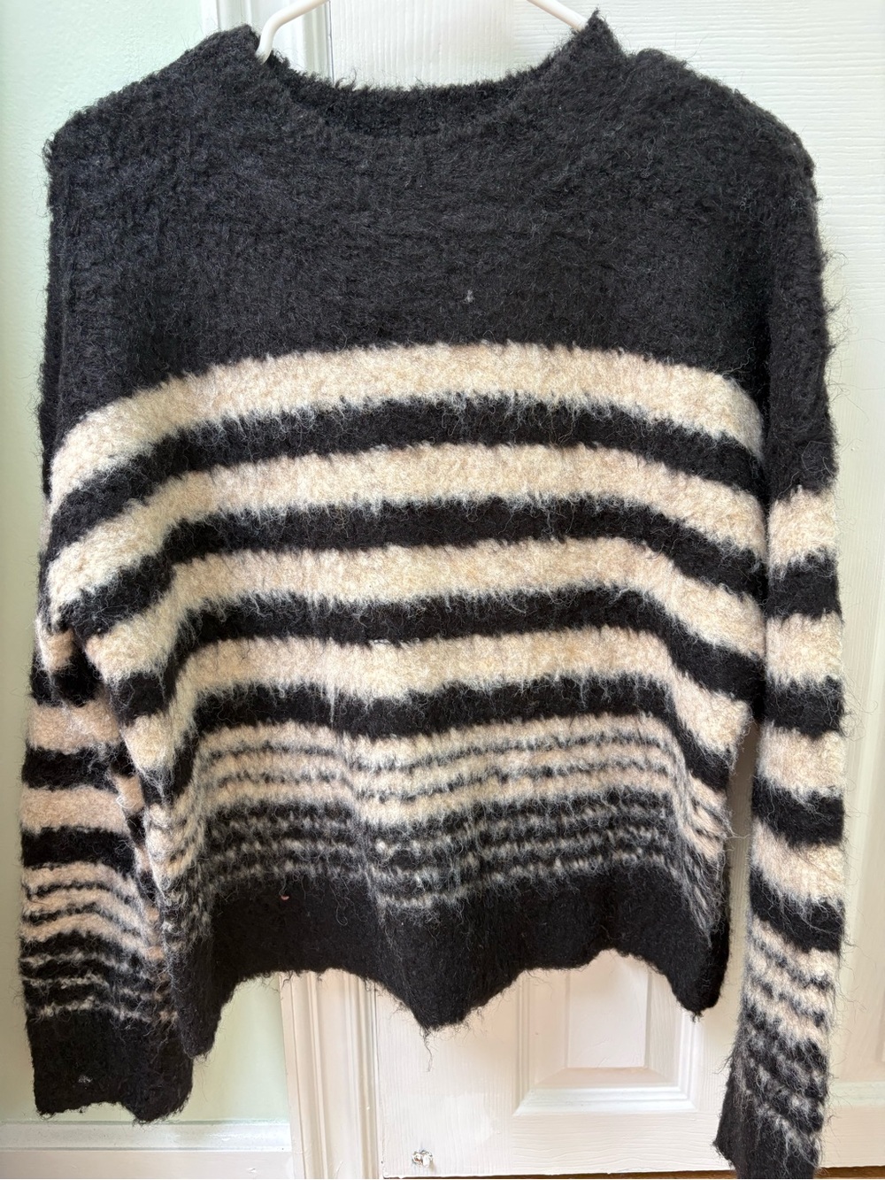 Universal Thread Black and Cream Fuzzy Striped Crew Sweater
